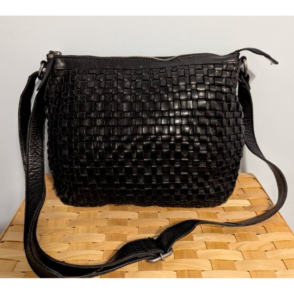 Vilenca Holland Crossbody Bag Purse Black Woven Leather Patchwork Adjustable